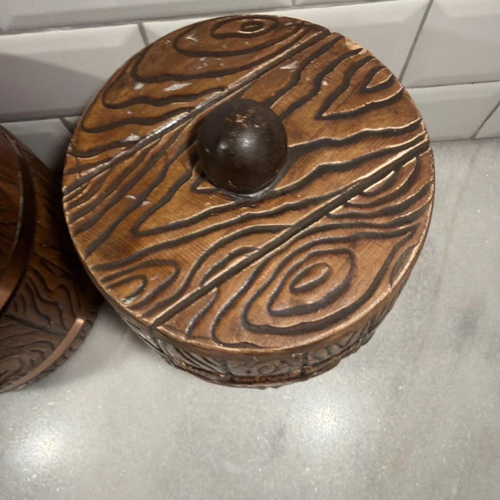 Set of 3 Vtg MCM Treasure Craft Ceramic Canister Barrel Flour Sugar Tea Coffee 9